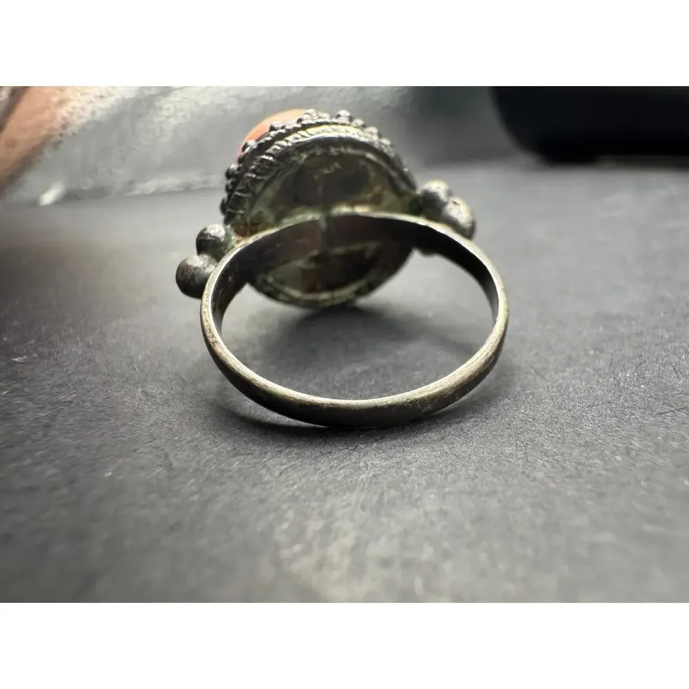 Vintage Bawsani Yemen Tribal Silver Tone Red Coral 12.5mm Statement Ring Sz 7.75